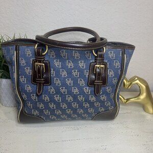 Dooney & Bourke Signature Denim Canvas Satchel w/ Leather Trim Tote Purse